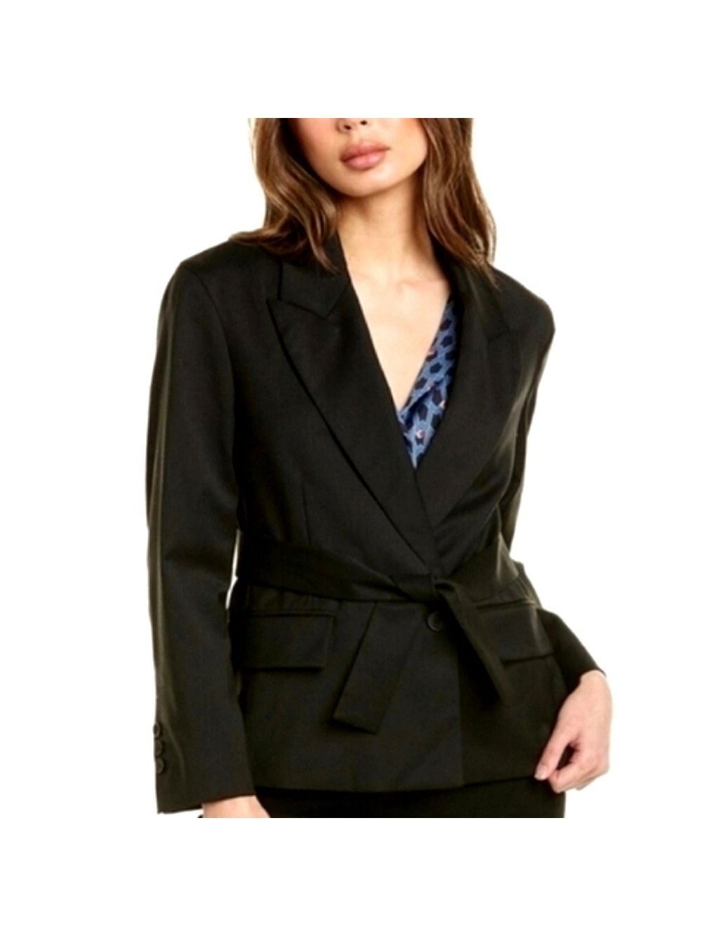 Maje Academia Wool Blazer Belted Waist Button Front Pockets Black Size 12 New